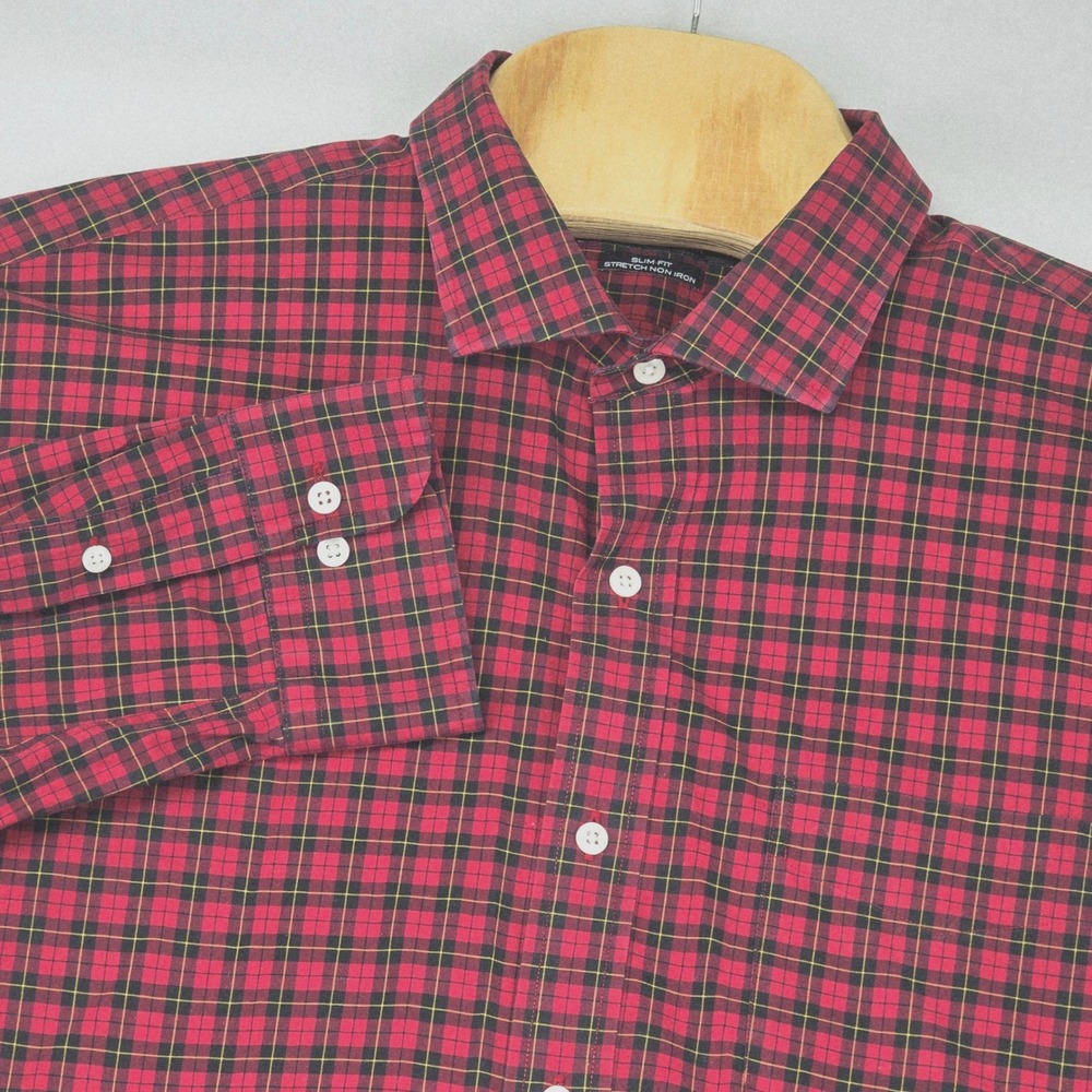 Lauren Ralph Lauren Men's Shirt 18 34/35 Plaid Slim Fit Non Iron Red Black